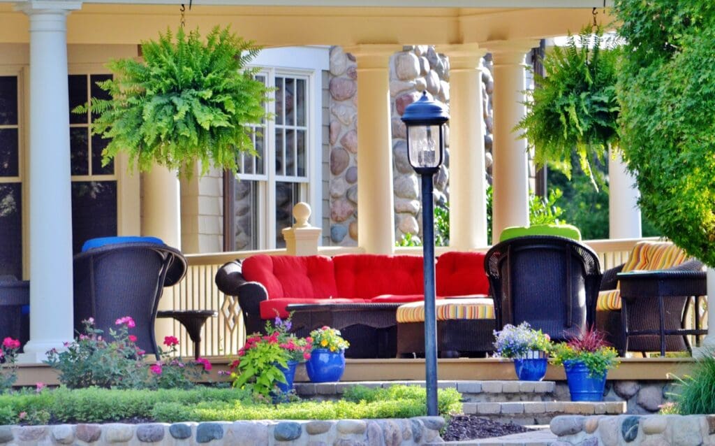 Home exterior. Concept of curb appeal and use of color and landscaping.