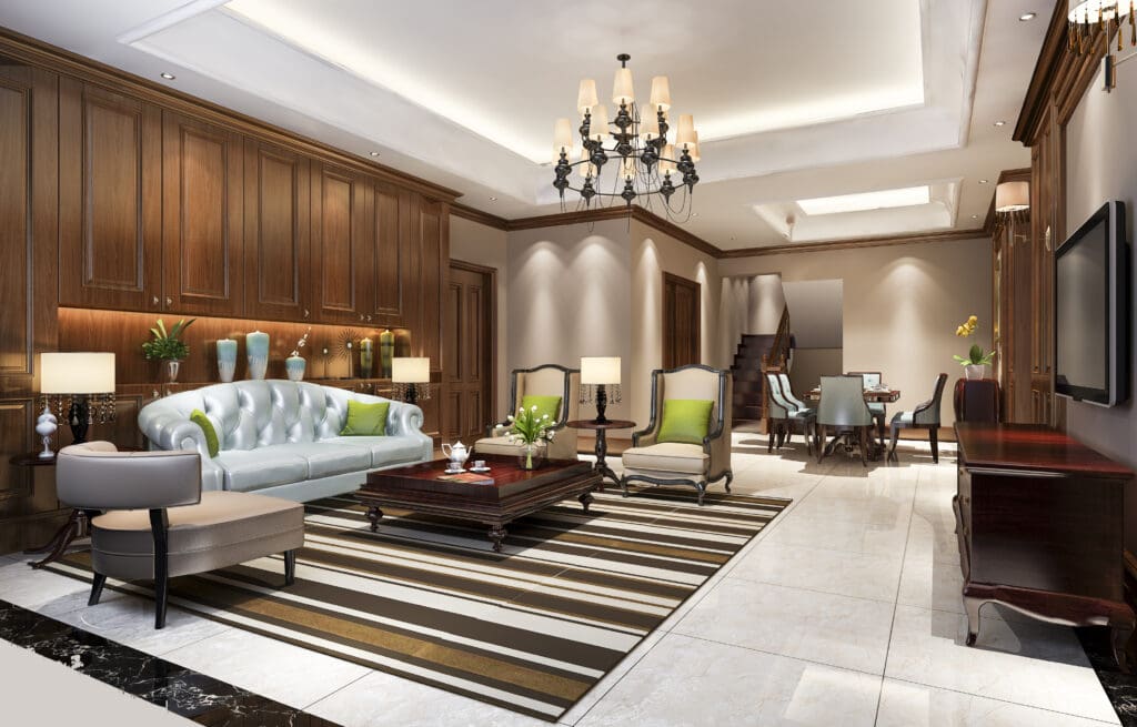living room with lighting on walls and ceiling.