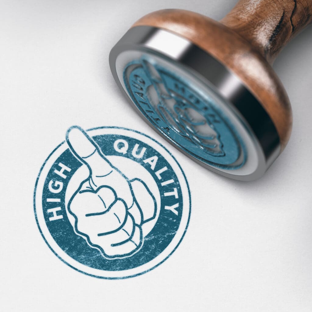 3D illustration of a rubber stamp mark with thumb up and text high quality