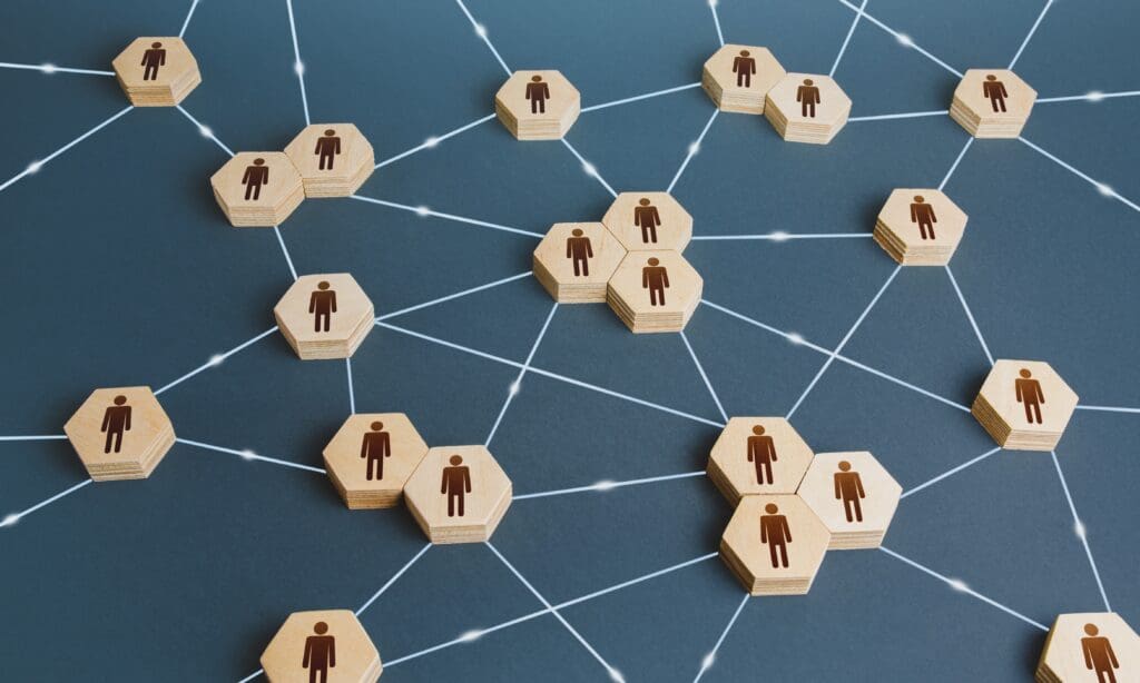 Connected people. Interactions between employees and working groups. Networking communication. Decentralized hierarchical system of company. Partnerships, business connections. Organization concept - Real-Estate-Leads Common Mistakes to Avoid When Starting A Real Estate Career. Concept of networking
