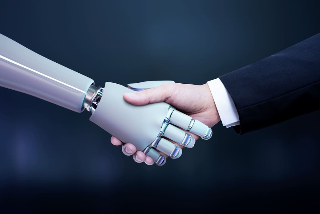 Business hand robot handshake, artificial intelligence digital transformation - Real-Estate-Leads Artificial Intelligence is Changing Real Estate - How to Capitalize on it