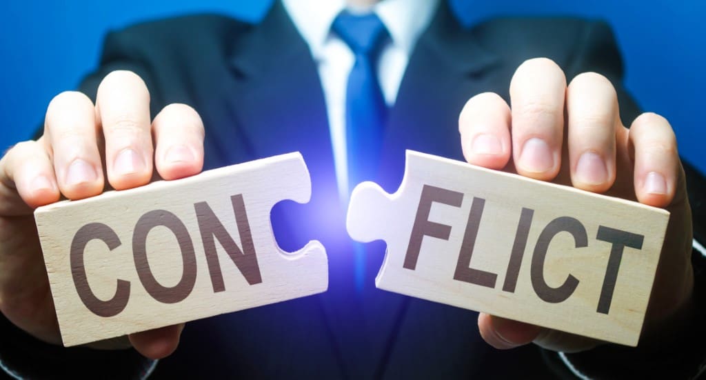 Man breaks puzzles with word Conflict Resolution of disputes and conflicts in negotiations Come to a general agreement Stop confrontation Mediator Diplomacy and Geopolitics Get along with others - Real-Estate-Leads What is Sub-Agency in Real Estate?: Conflict
